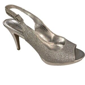 Rampage Y2K Silver Glitter Sling Back Peep Toe Stiletto Sz 10 Glam Party Sparkly